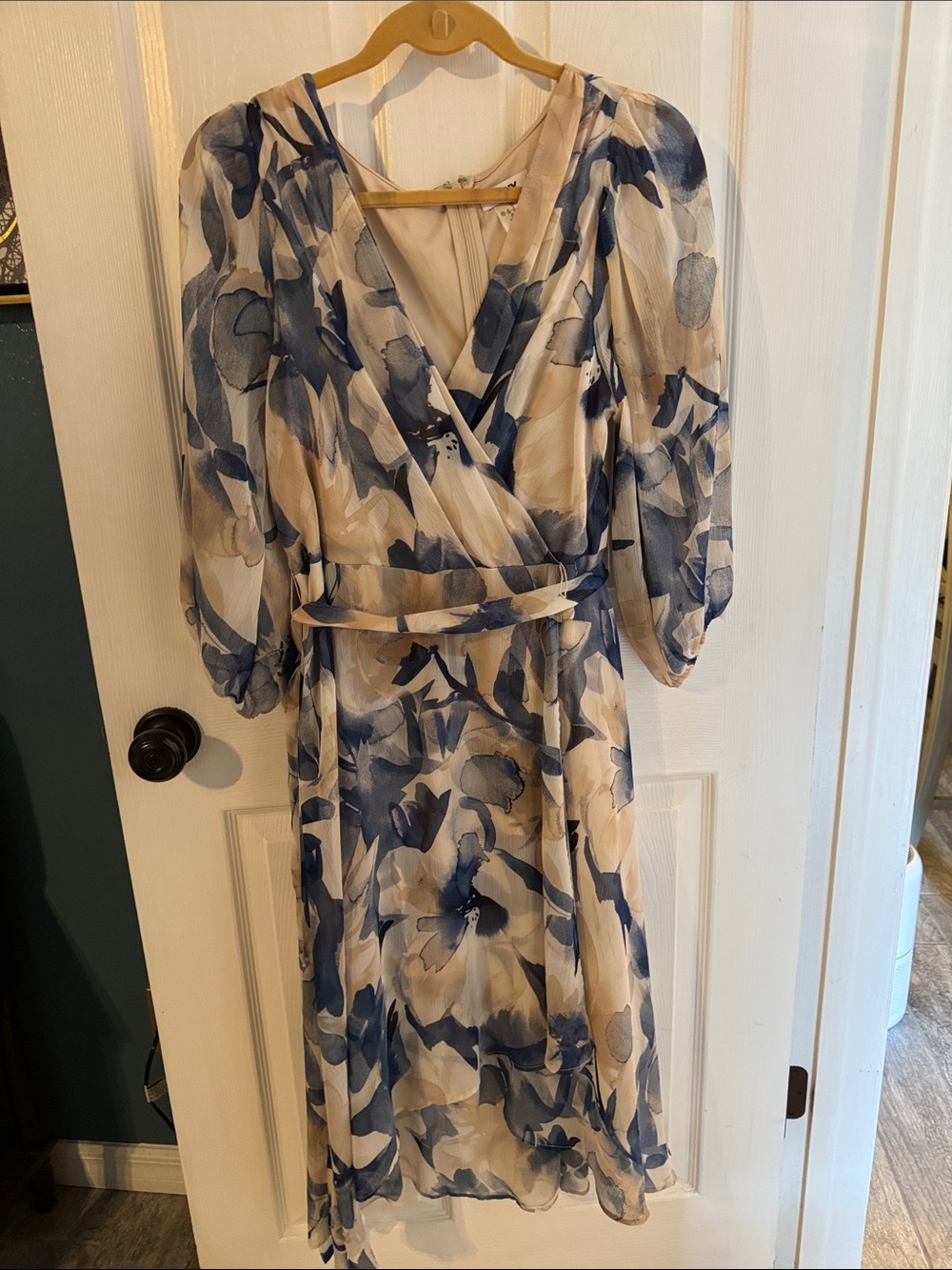 DKNY Blue and Cream Floral Midi Wrap Dress